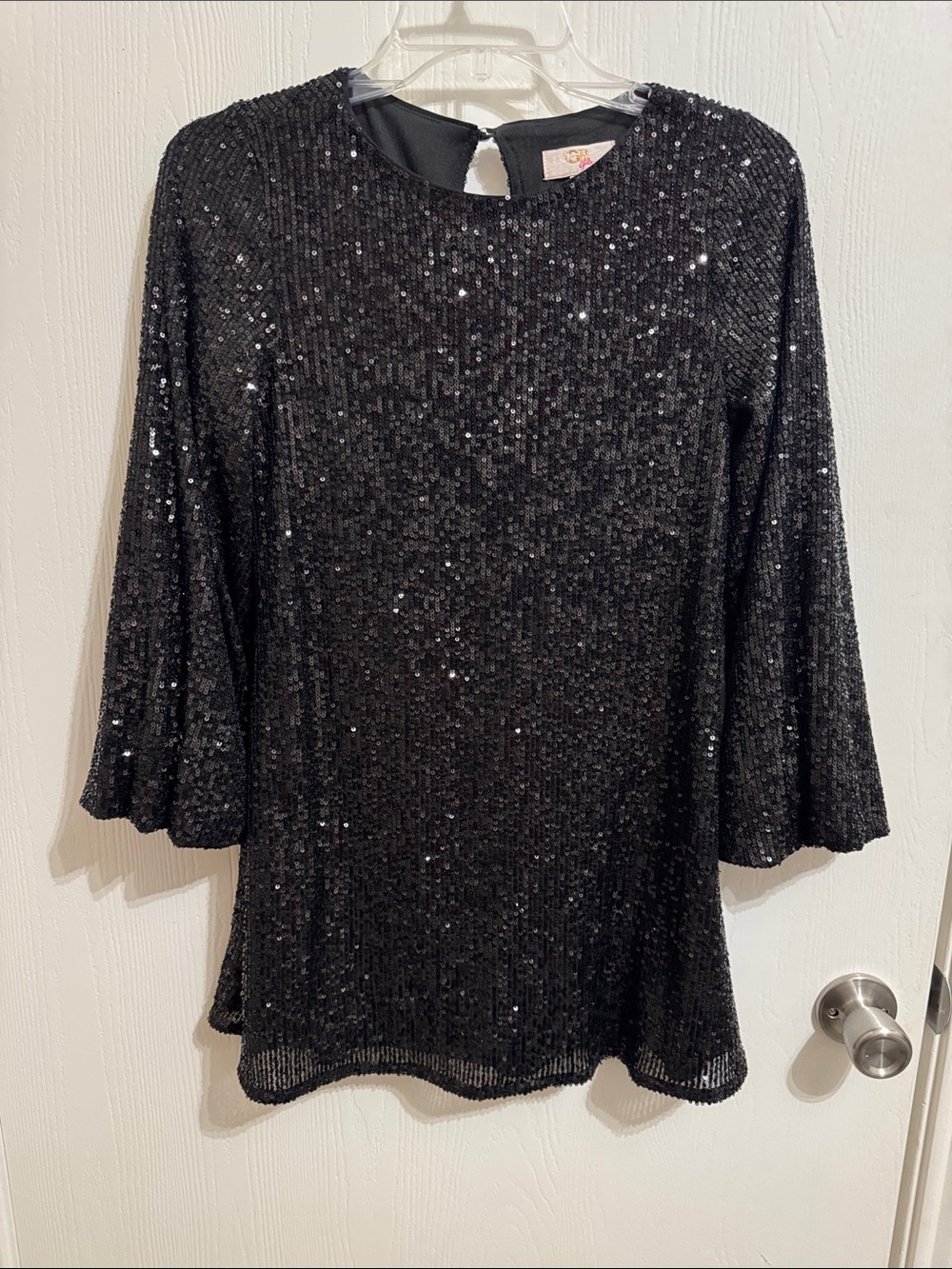 GB Girls Black Sequin Mini Dress Long Bell Sleeve Boat Neckline Medium Party